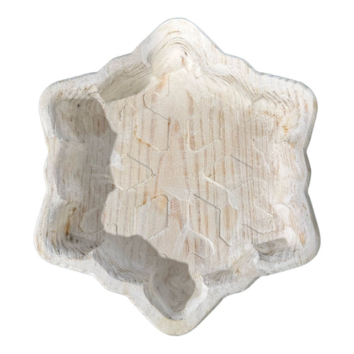 Snowflake dough bowl, empty, showing the design CNC-carved into the bottom